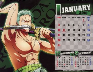 One piece body calendar 2016 calendário janeiro roronoa zoro