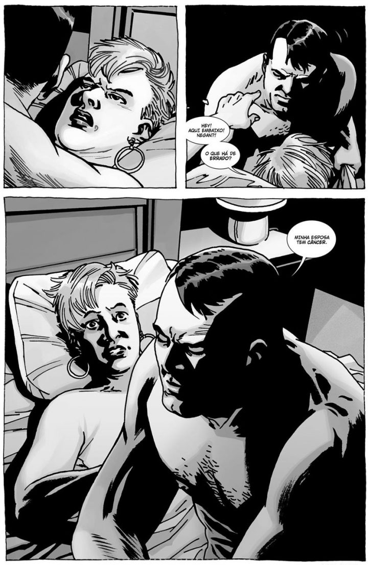 Negan traí Lucille em uma página do especial "Here's Negan", nos quadrinhos de The Walking Dead.