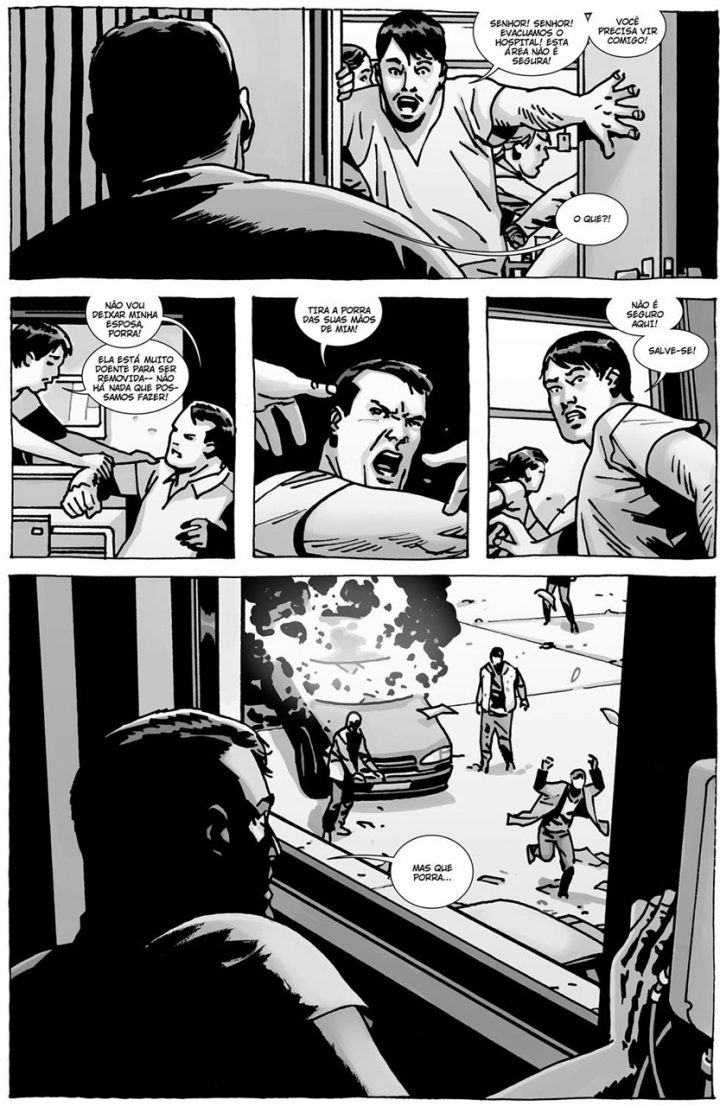 Começa o apocalipse zumbi para Negan em uma página do especial "Here's Negan", nos quadrinhos de The Walking Dead.
