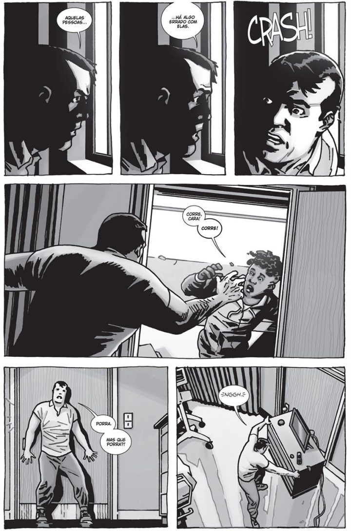 Começa o apocalipse zumbi para negan em uma página do especial "here's negan", nos quadrinhos de the walking dead.