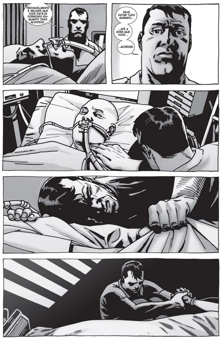 Negan se tranca no hospital e fica ao lado de Lucille em uma página do especial "Here's Negan", nos quadrinhos de The Walking Dead.