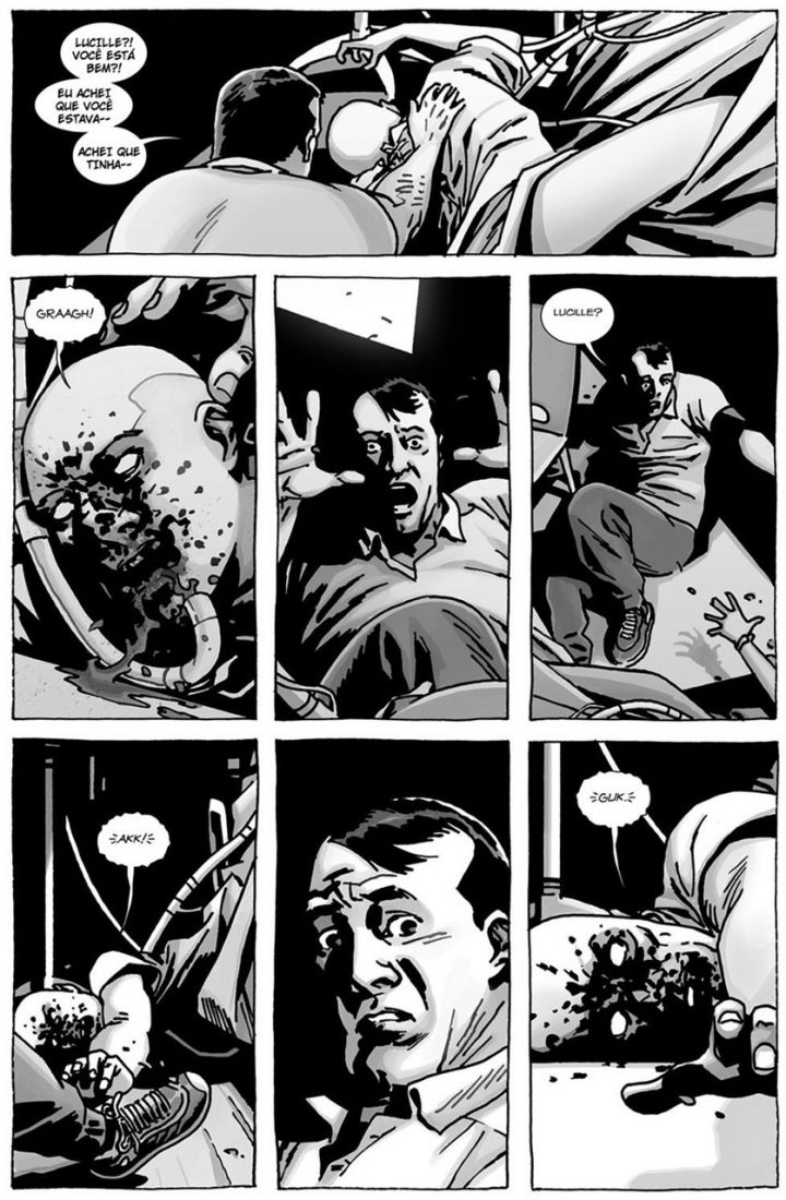 Negan vê Lucille retornando como zumbi em uma página do especial "Here's Negan", nos quadrinhos de The Walking Dead.