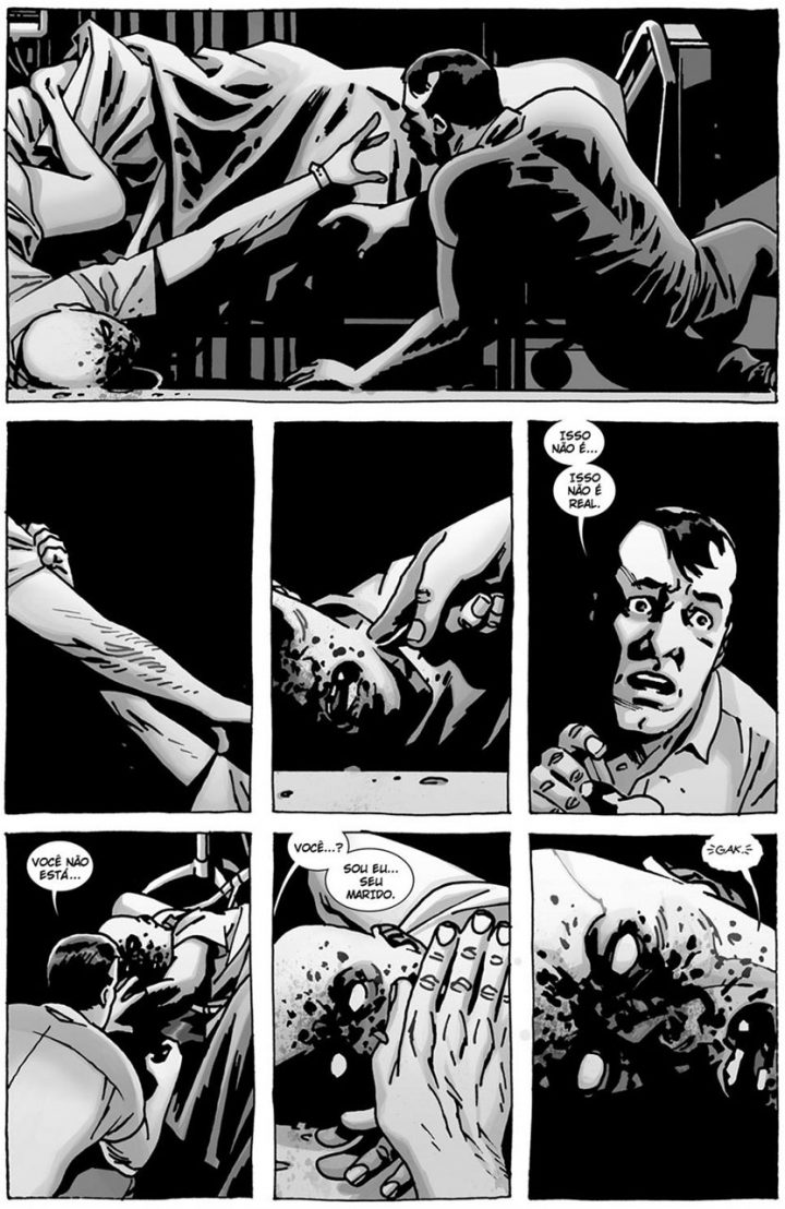 Negan percebe que Lucille está morta em uma página do especial "Here's Negan", nos quadrinhos de The Walking Dead.
