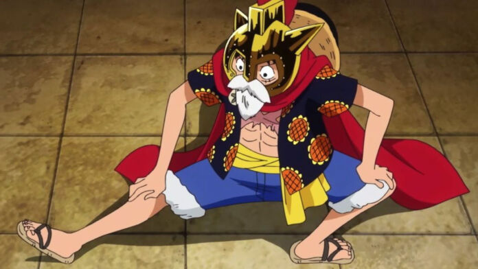 Luffy, disfarçado de Lucy, durante o arco de Dressrosa em One Piece.