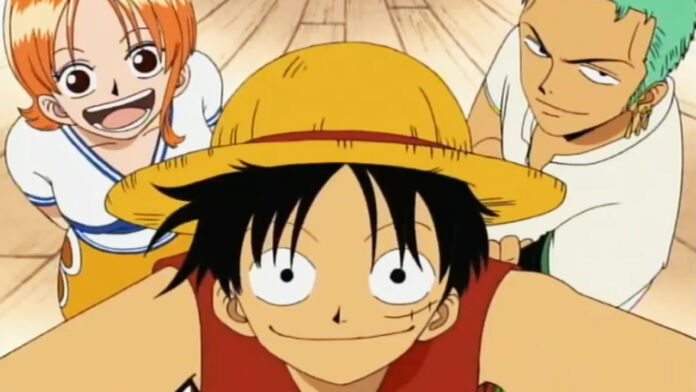 Nami, Luffy e Zoro, na primeira abertura do anime de One Piece.