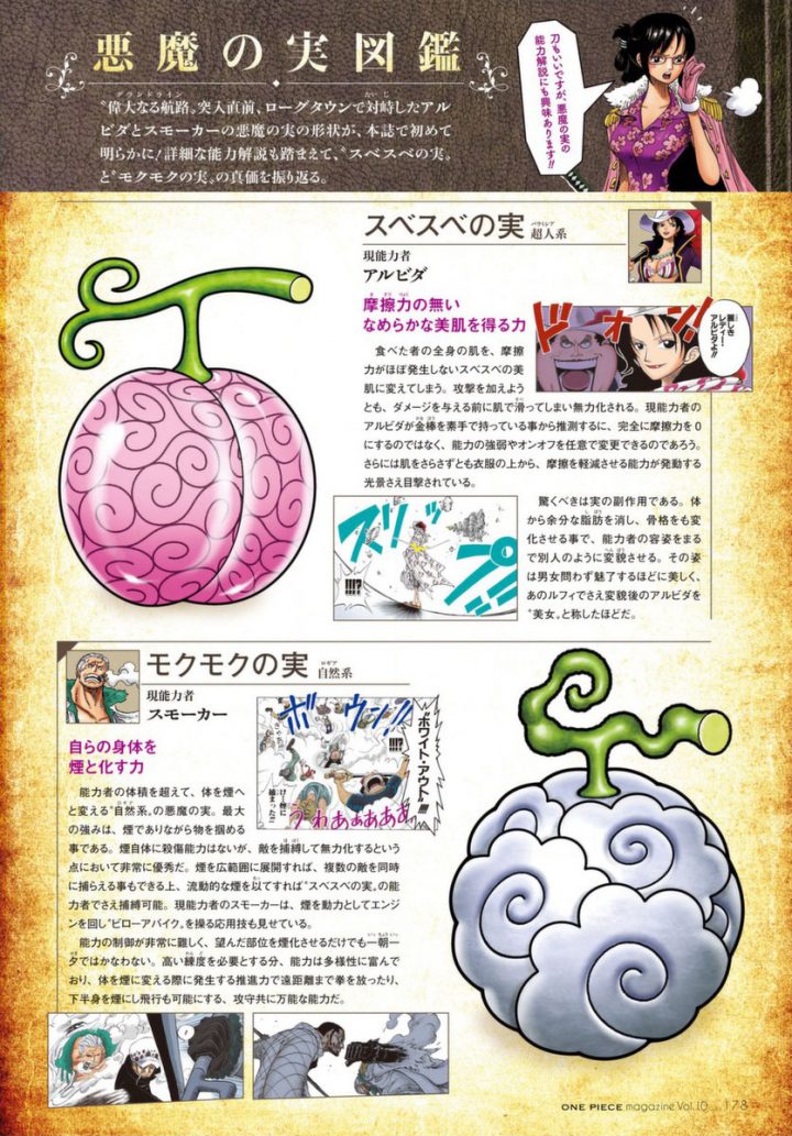 Scan do 6º volume da one piece magazine, mostrando as frutas de alvida e smoker, a sube sube no mi e a moku moku no mi, respectivamente.