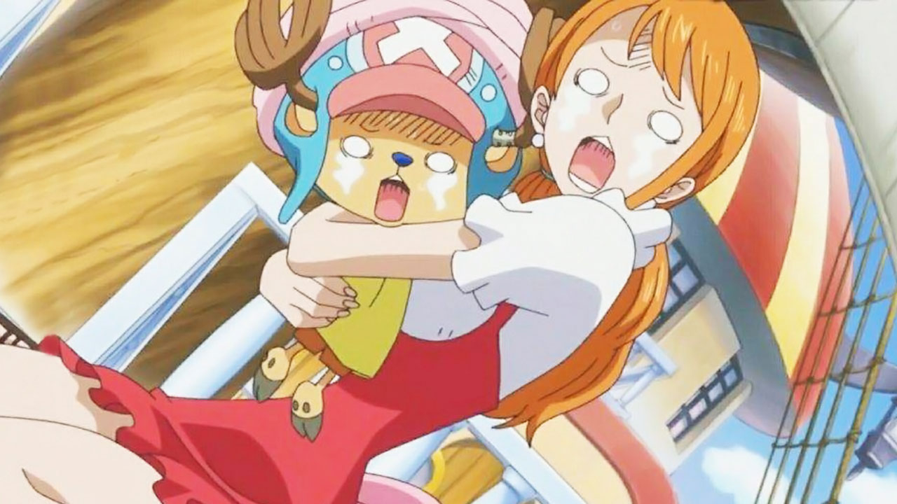 Nami e Chopper assustados com a Big Mom, durante o arco de Whole Cake Island em One Piece.