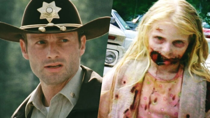 Rick Grimes e Summer, a menina zumbi, no 1º episódio da 1ª temporada de The Walking Dead.