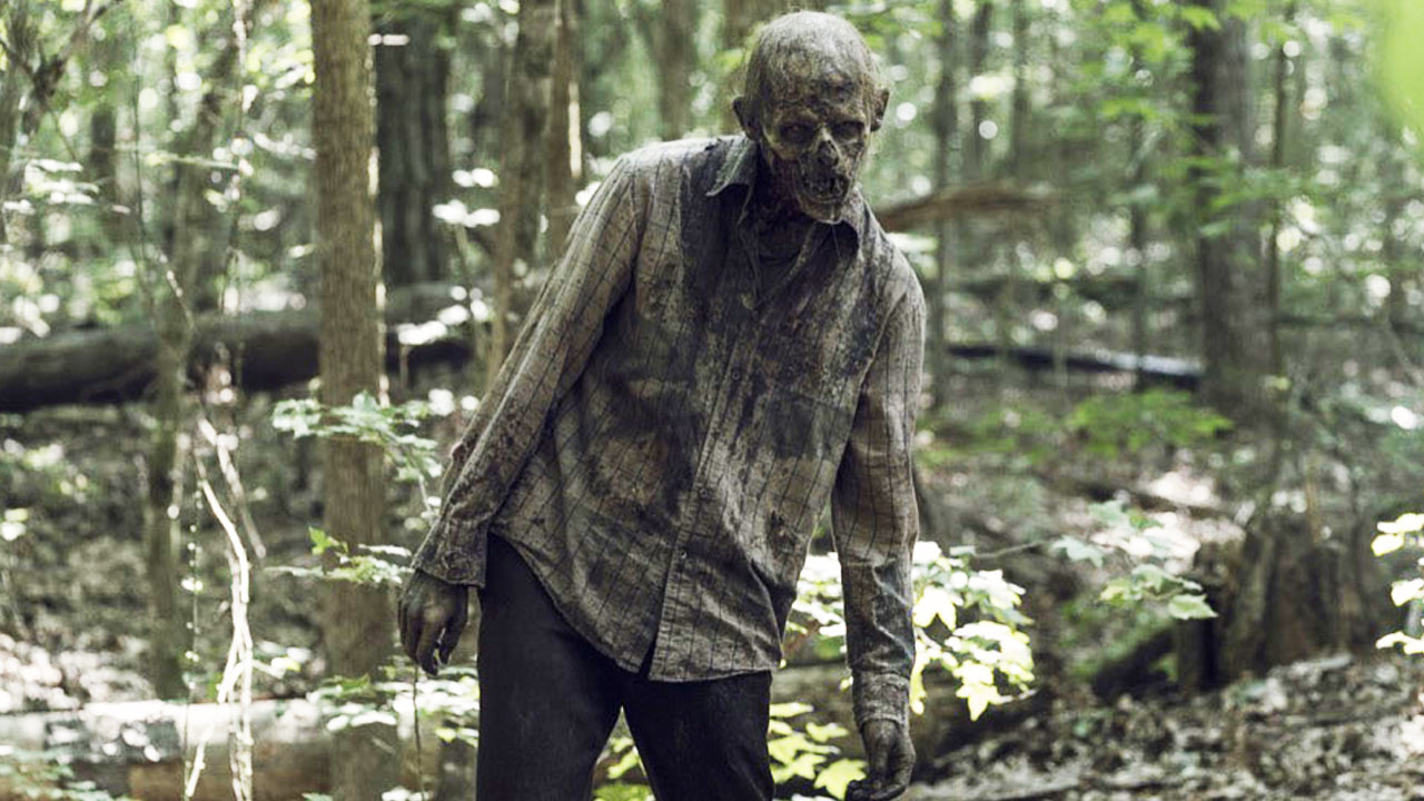 Um zumbi vagando pela floresta, no 5º episódio da 10ª temporada de The Walking Dead.