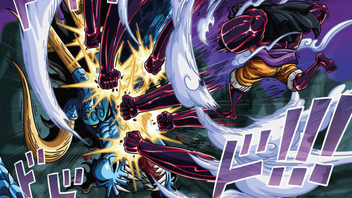 Luffy enfrenta Kaido, no capítulo 1002 do mangá de One Piece. Colorização por BBDBG03.