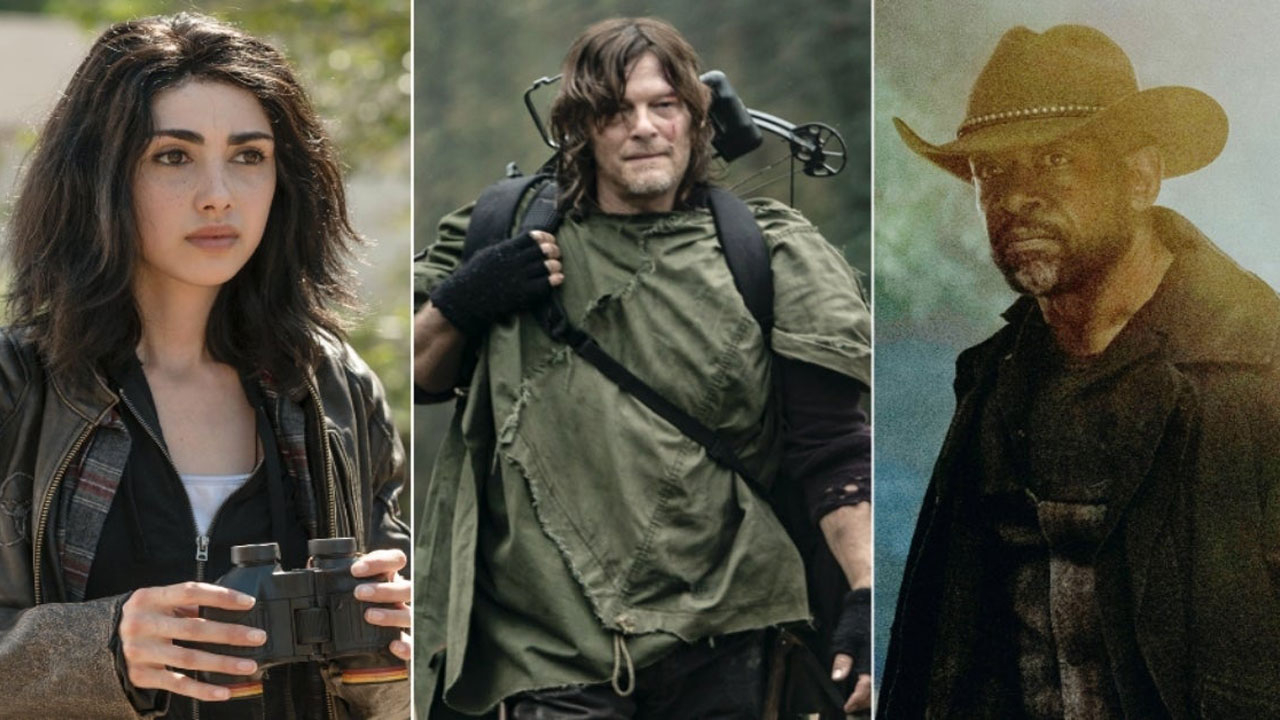 As três séries do Universo The Walking Dead. Hope, de The Walking Dead: World Beyond. Daryl, de The Walking Dead. Morgan, de Fear The Walking Dead.