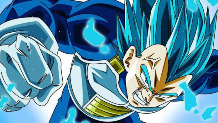 Vegeta na forma Super Saiyajin Blue em Dragon Ball Super.