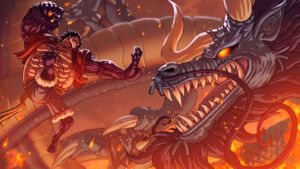 Luffy e Kaido se enfrentam. Fanart de kyle-fast.