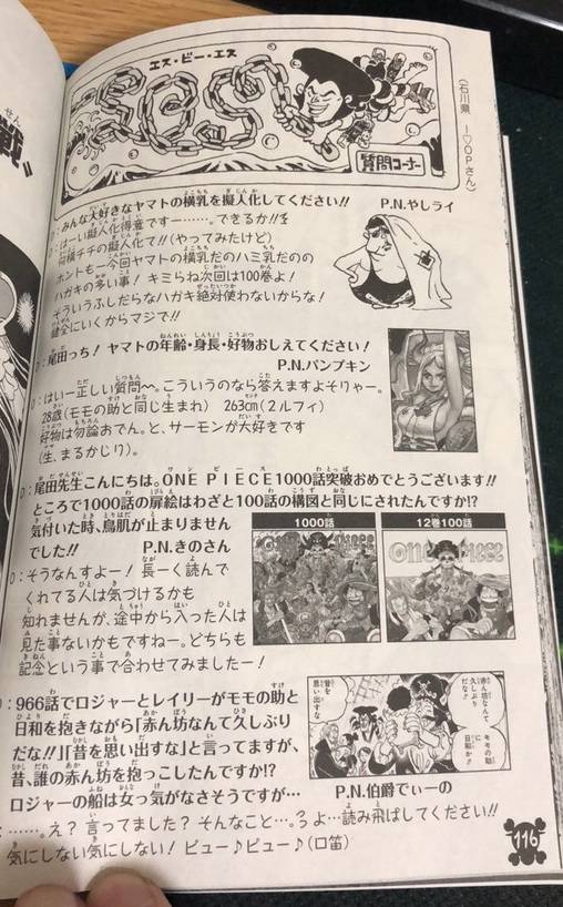 Sbs do volume 99 do mangá de one piece mostra personificação dos seios da yamato.