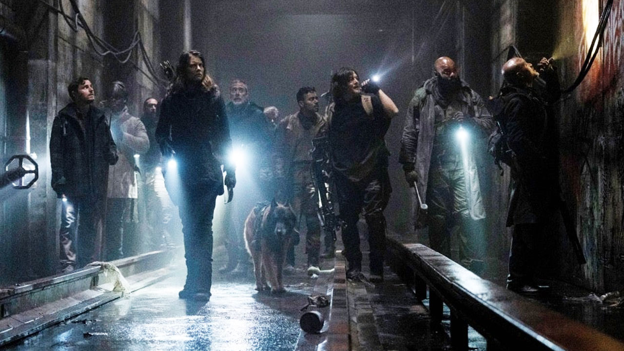 Alden, Elijah, Maggie, Negan, Daryl, Cão e Gabriel em foto promocional da 11ª temporada de The Walking Dead.