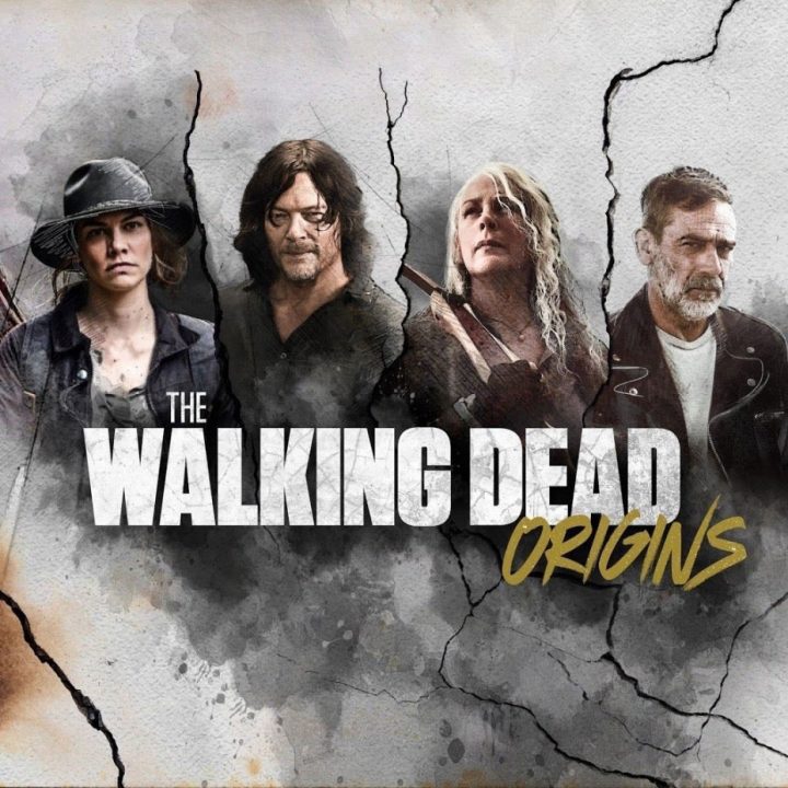 Pôster de the walking dead: origins com maggie, daryl, carol e negan.