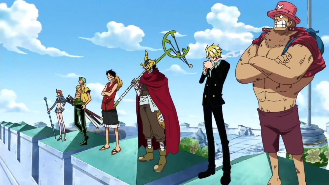 One Piece | Nami, Zoro, Luffy, Usopp (Sogeking), Sanji e Chopper em Enies Lobby no anime.