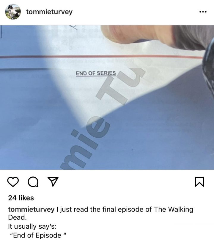 Publicação de tommie turvey revelando o roteiro do episódio final de the walking dead.