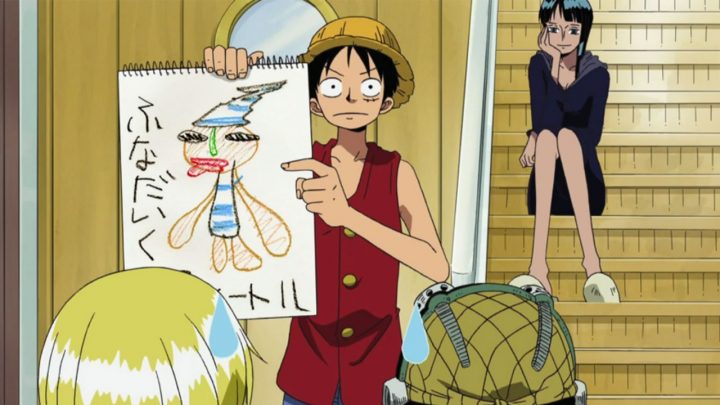 One Piece Anime 229 | Luffy desenhando como deveria ser um carpinteiro para o bando.