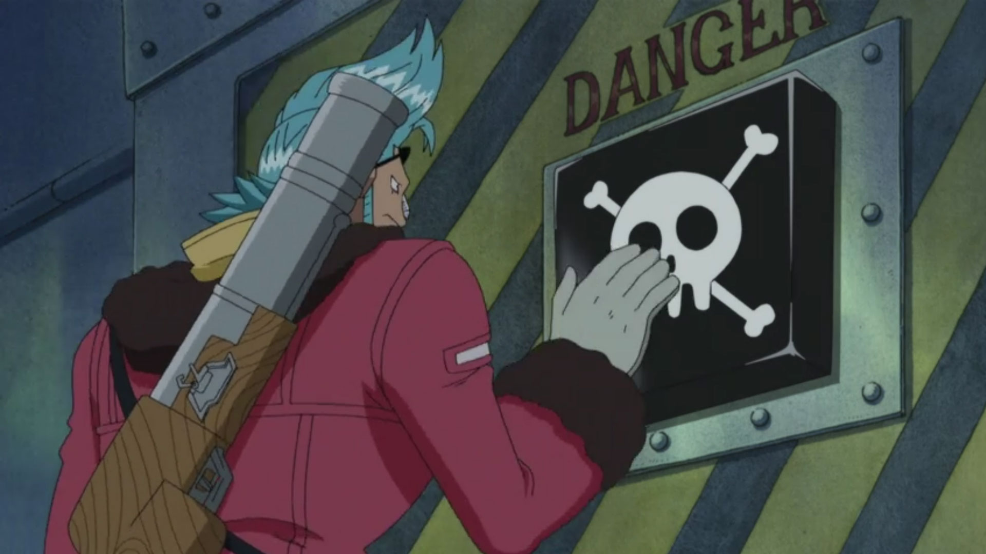 One Piece | Franky aperta o botão de autodestruição do laboratório de Vegapunk na Ilha Baldimore. Episódio 508 do anime.