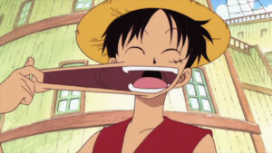 One Piece | Luffy rindo e se esticando no episódio 1 do anime.