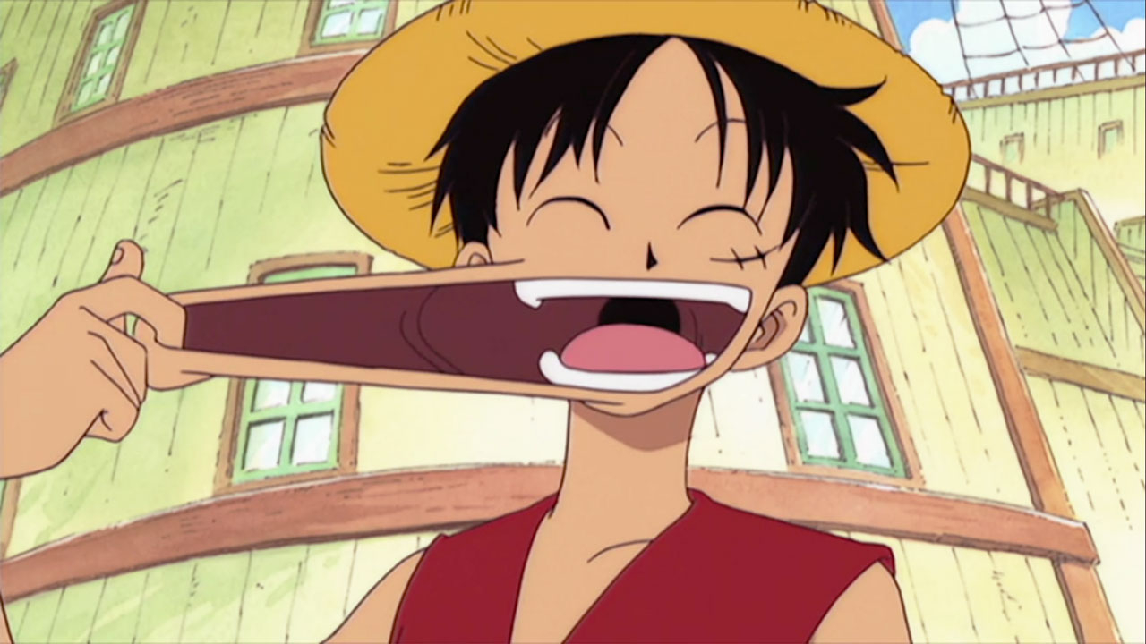 One Piece | Luffy rindo e se esticando no episódio 1 do anime.