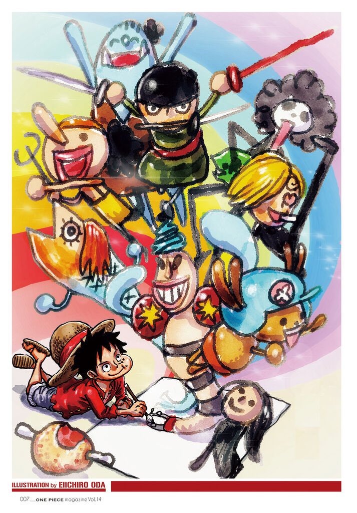 One Piece Magazine 14 | Ilustração de Oda do Luffy desenhando (toscamente) todo o bando.