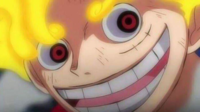One Piece 1044 | Luffy com despertar/Gear 5. Autor da colorização desconhecido.