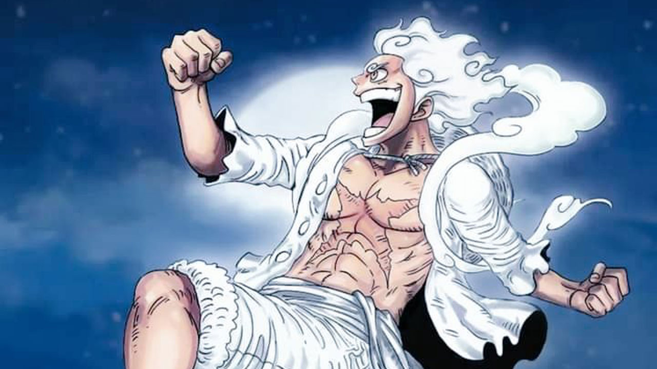 Fanart do Gear 5 de Luffy com cabelo e roupas brancas. Artista desconhecido.