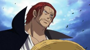 Shanks segurando o Chapéu de Palha no anime de One Piece.