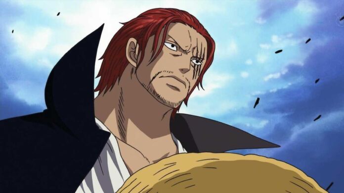 Shanks segurando o Chapéu de Palha no anime de One Piece.