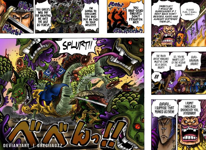 One Piece | Os Bainhas Vermelhas decapitam seis cabeças de Orochi no capítulo 1009 do mangá.