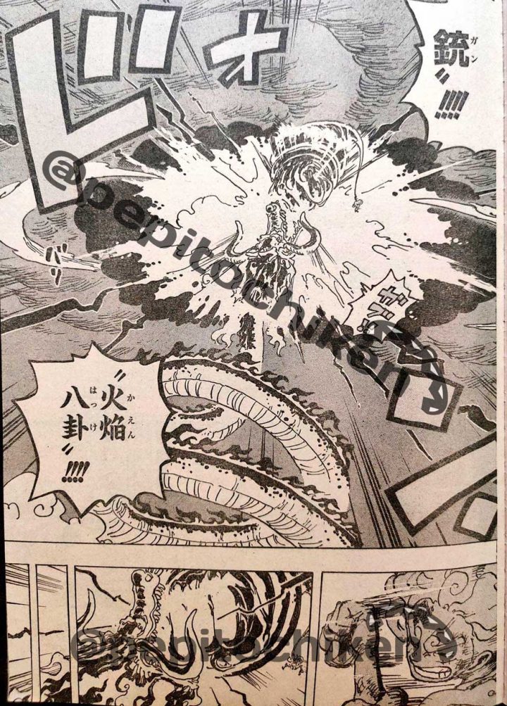 Luffy e Kaido em Página vazada do capítulo 1048 de One Piece.