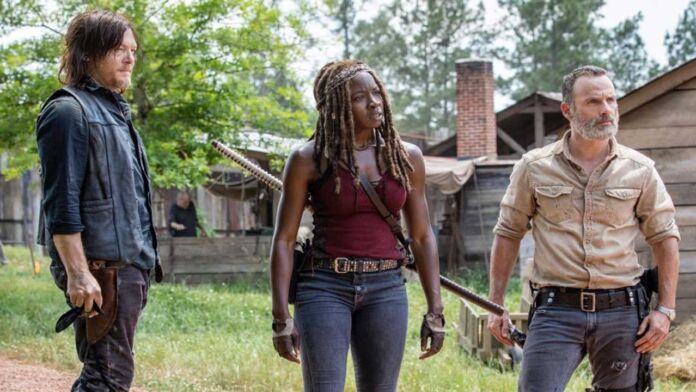 Daryl, Michonne e Rick na 9ª temporada de The Walking Dead.