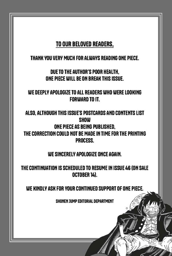 one piece manga 1162 aviso shonen jump oda doente