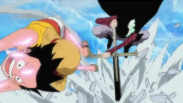 One piece anime marineford luffy desvia ataque mihawk postcover